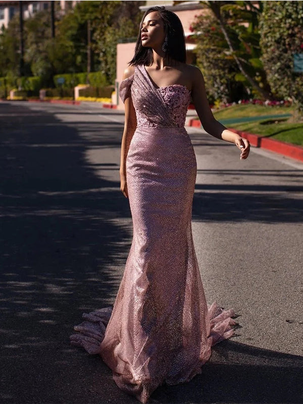 Sexy Pink Mermaid One Shoulder Maxi Long Party Prom Dresses Online,WGP317