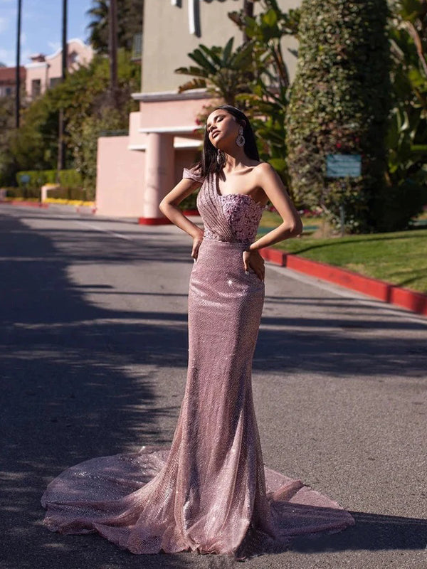 Sexy Pink Mermaid One Shoulder Maxi Long Party Prom Dresses Online,WGP317