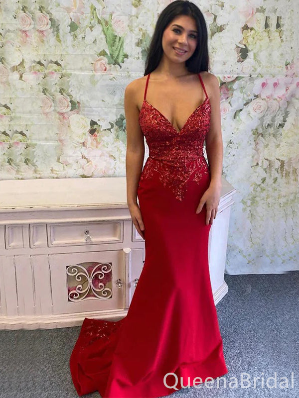 Sexy Red Mermaid Spaghetti Straps V-neck Maxi Long Party Prom Dresses,WGP325