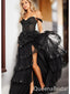 Sexy Asymmetrical Black Off shoulder Sequin Ruffles  A-Line Long Prom Dresses,WGP427