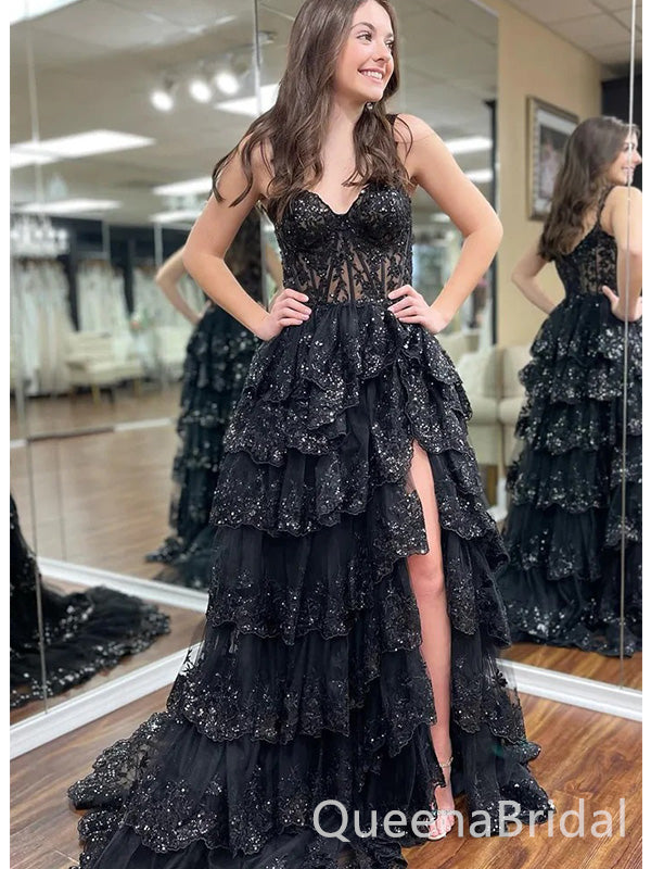 Elegant Black Spaghetti Strap A-line Sequins Ruffles Side Slit Long Prom Dresses,WGP413