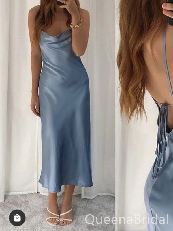 Sexy Spaghetti Straps  V-neck Sheath Backless Blue Sheath Evening Prom Dresses ,WGP395