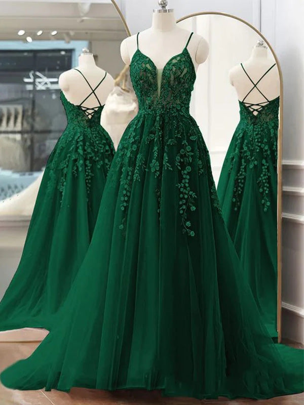 Elegant Dark Green A-line Lace Up Back Appliques Long Evening Prom Dresses,WGP406