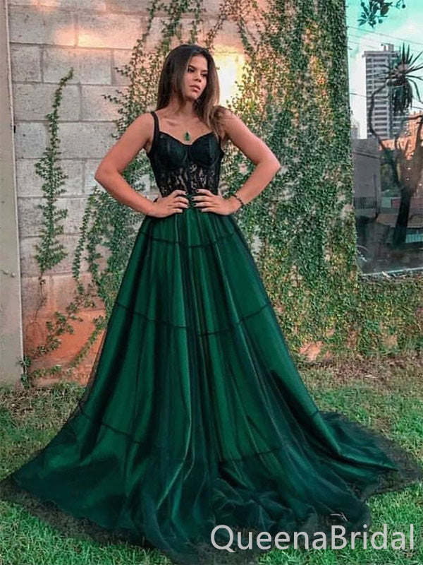 Elegant Dark Green A-line  With Lace Appliques Long Prom Dresses,WGP399