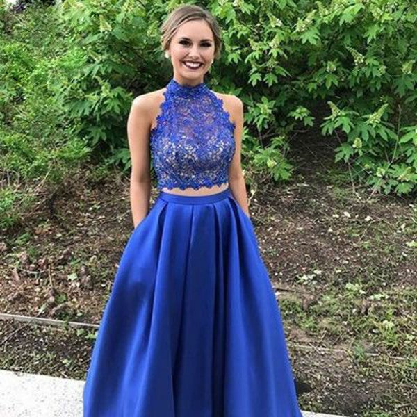 Two Piece High Neck Open Back Royal Blue Satin Prom Dresses with Lace Pockets, QB0245