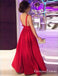 A-Line Deep V-Neck Long Backless Red Satin Prom Dresses with Bow, QB0574