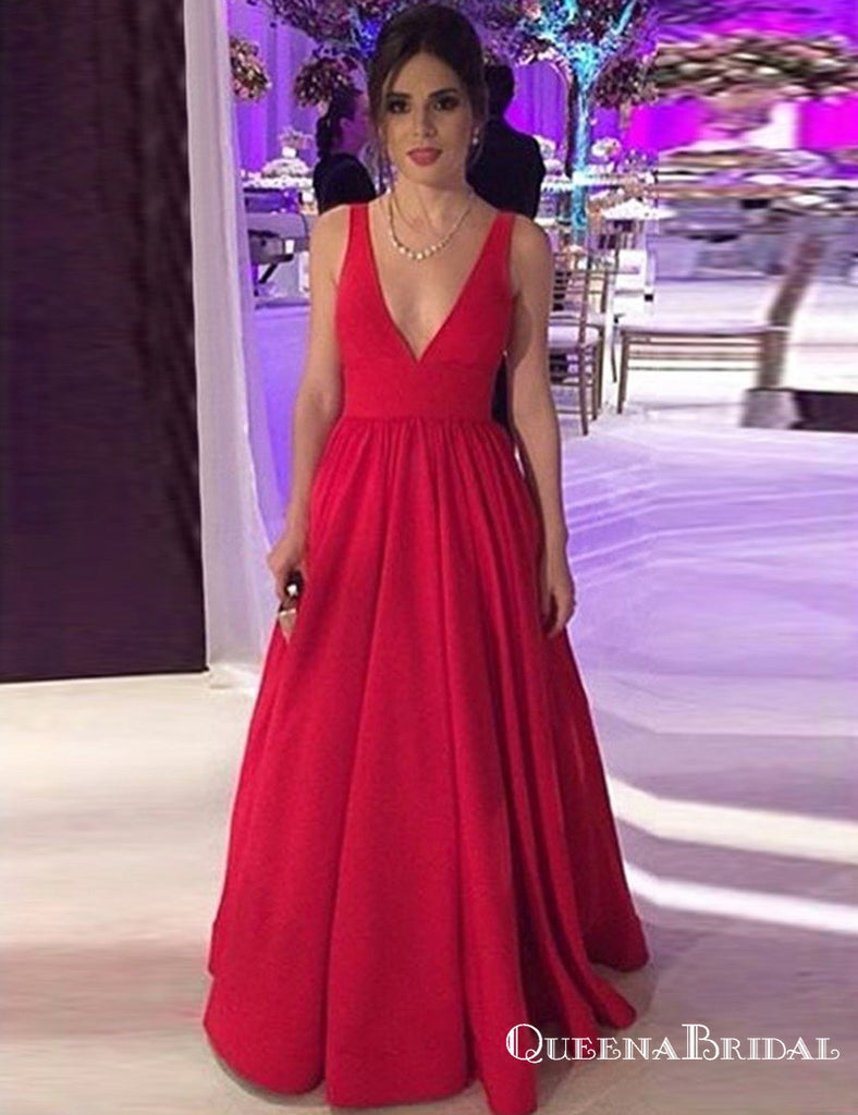 A-Line Deep V-Neck Long Backless Red Satin Prom Dresses with Bow, QB0574