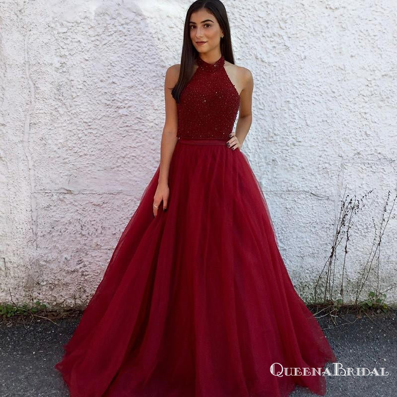 A-Line Halter Long Backless Burgundy Tulle Prom Dresses with Beading, QB0548