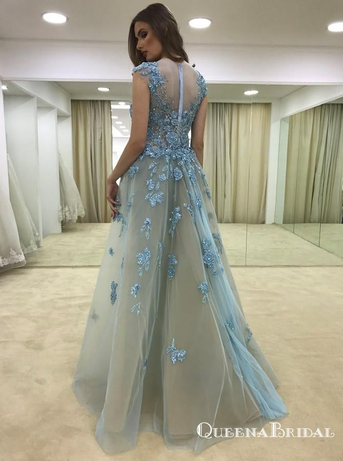 Sheath Illusion  Cap Sleeve Blue Tulle Prom Dresses with Appliques, QB0577