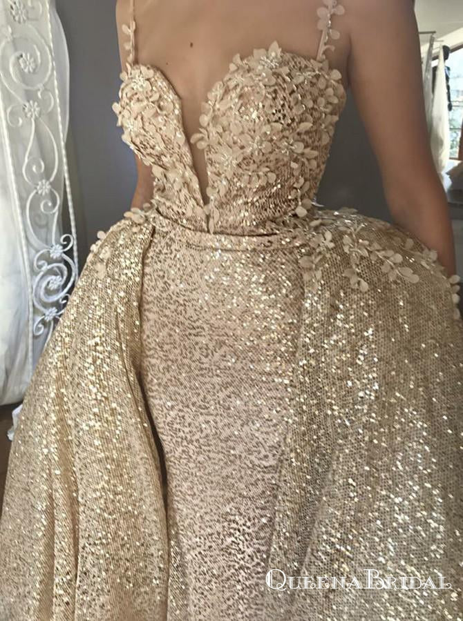 Mermaid Light Champagne Sequined Appliques Prom Dresses, QB0538