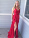 Sexy Backless Red Side Slit Mermaid Long Evening Prom Dresses, QB0460