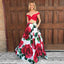 Two Piece Spaghetti Straps Floral Red Satin Prom Dresses with Bow Pockets, QB0252