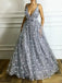 Popular V Neck Gray Flower A-line Long Evening Prom Dresses, QB0457