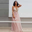 A-Line Spaghetti Straps Long Pink Prom Dresses with Appliques, QB0535