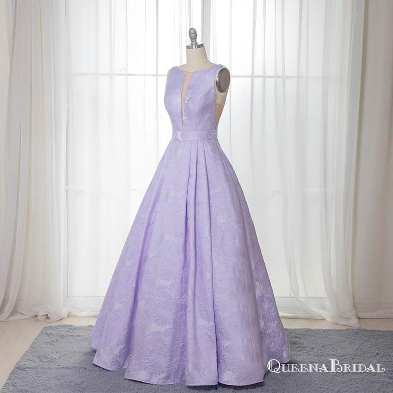 A-Line Bateau Sleeveless Long Cheap Lilac Floral Satin Prom Dresses, QB0590