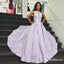 A-Line Bateau Sleeveless Long Cheap Lilac Floral Satin Prom Dresses, QB0590