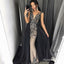 Mermaid V-Neck Dark Grey Detachable Prom Dresses with Beading, QB0525