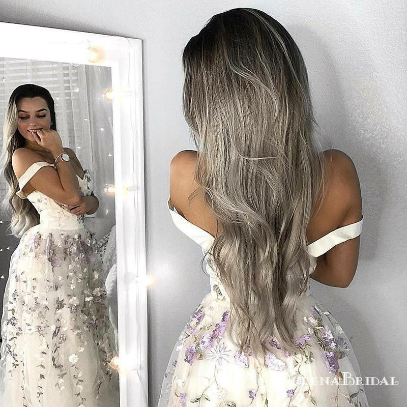 2019 Elegant A-Line Straps Long White Prom Dresses with Appliques, QB0494