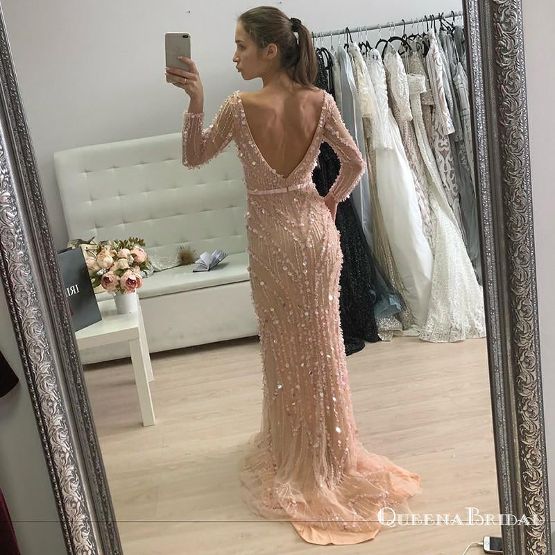 Mermaid V-Neck Long Sleeves Blush Pink Prom Dresses with Sequins, QB0518