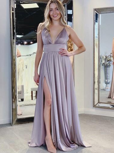 Simple Spaghetti Straps Pink Side Slit Cheap Evening Prom Dresses, QB0403