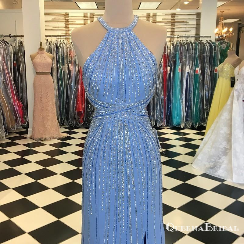 2019 Sheath Crew Long Light Blue Prom Dresses with Beading Split, QB0512