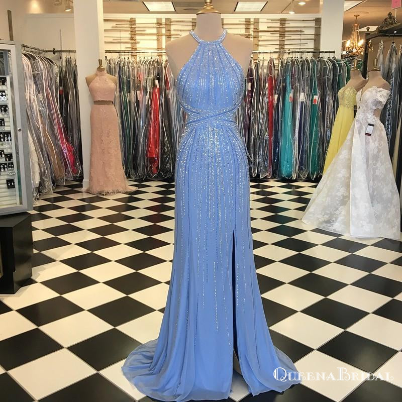 2019 Sheath Crew Long Light Blue Prom Dresses with Beading Split, QB0512