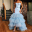 Mermaid Sweetheart High Low Light Blue Tiered Tulle Prom Dresses, QB0521