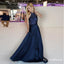 A-Line Halter Long Cheap Navy Blue Prom Dresses with Beading, QB0523