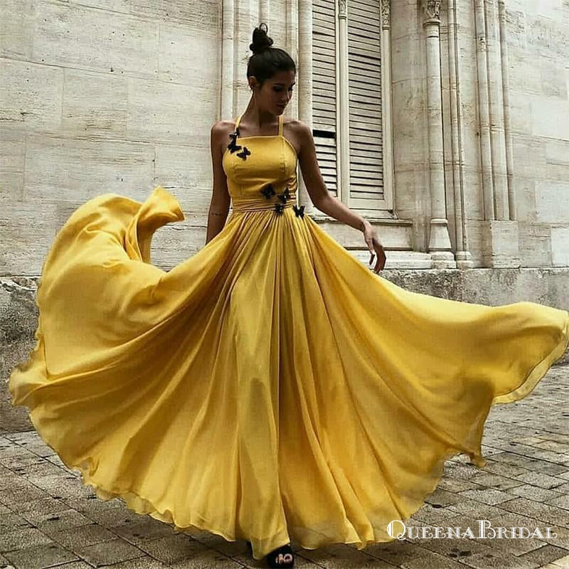 A-Line Halter Long Cheap Yellow Chiffon Prom Dresses with Applique, QB0504