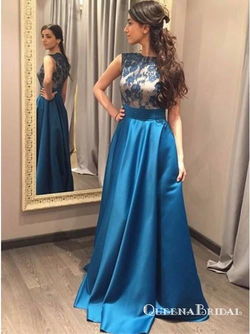 A-Line Scoop Neck Sleeveless Blue Floor Length Prom Dresses with Lace, QB0734