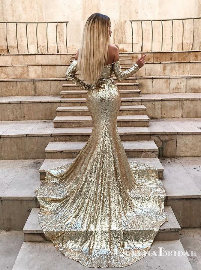 Mermaid Off Shoulder Long Sleeves Gold  Evening Prom Dresses, QB0540