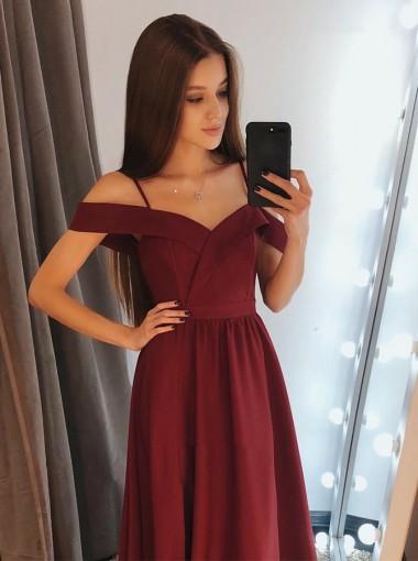 Burgundy Side Slit Spaghetti Straps Simple Long Evening Prom Dresses, QB0417