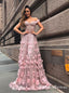 Fancy A-line Blush Off Shoulder Long Prom Dresses with Appliques Lace, QB0666