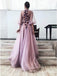 A-Line High Neck 3/4 Sleeves Lilac Long Cheap Prom Dresses with Flowers, QB0795