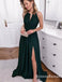 Halter Open Back Long Dark Green Prom Dresses With Keyhole Split, QB0618