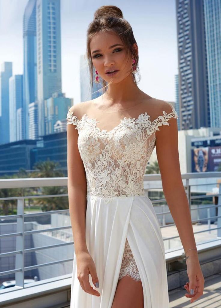 Off Shoulder See Through Cheap Wedding Dresses Online, Side Slit A-line Bridal Dresses, QB0383