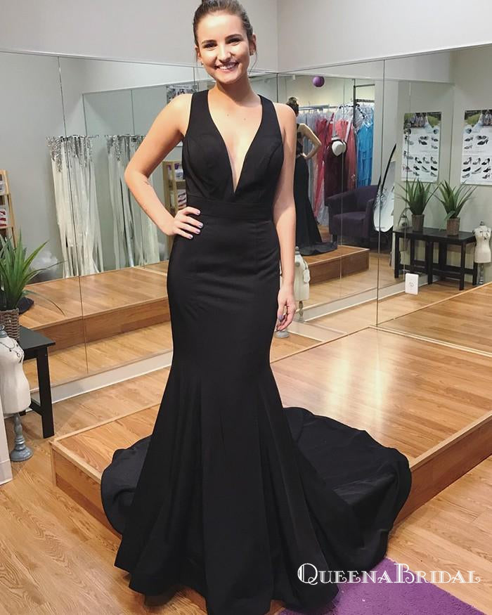 Black Deep V-Neck Satin Long Mermaid Evening Prom Dresses, QB0573