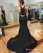 Black Deep V-Neck Satin Long Mermaid Evening Prom Dresses, QB0573