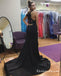 Black Deep V-Neck Satin Long Mermaid Evening Prom Dresses, QB0573