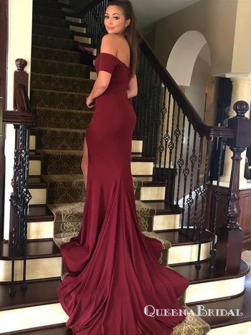 Mermaid Off-the-Shoulder Burgundy Sweep Train Prom Dresses, QB0731