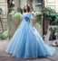 Blue Princess Off Shoulder A-line Long Evening Prom Dresses, QB0379