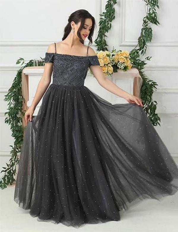 Black Long Off The Shoulder Beading Evening Party Prom Dresses , QB0613