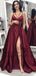 Maroon Spaghetti Straps Side Slit Long Evening Prom Dresses, QB0407