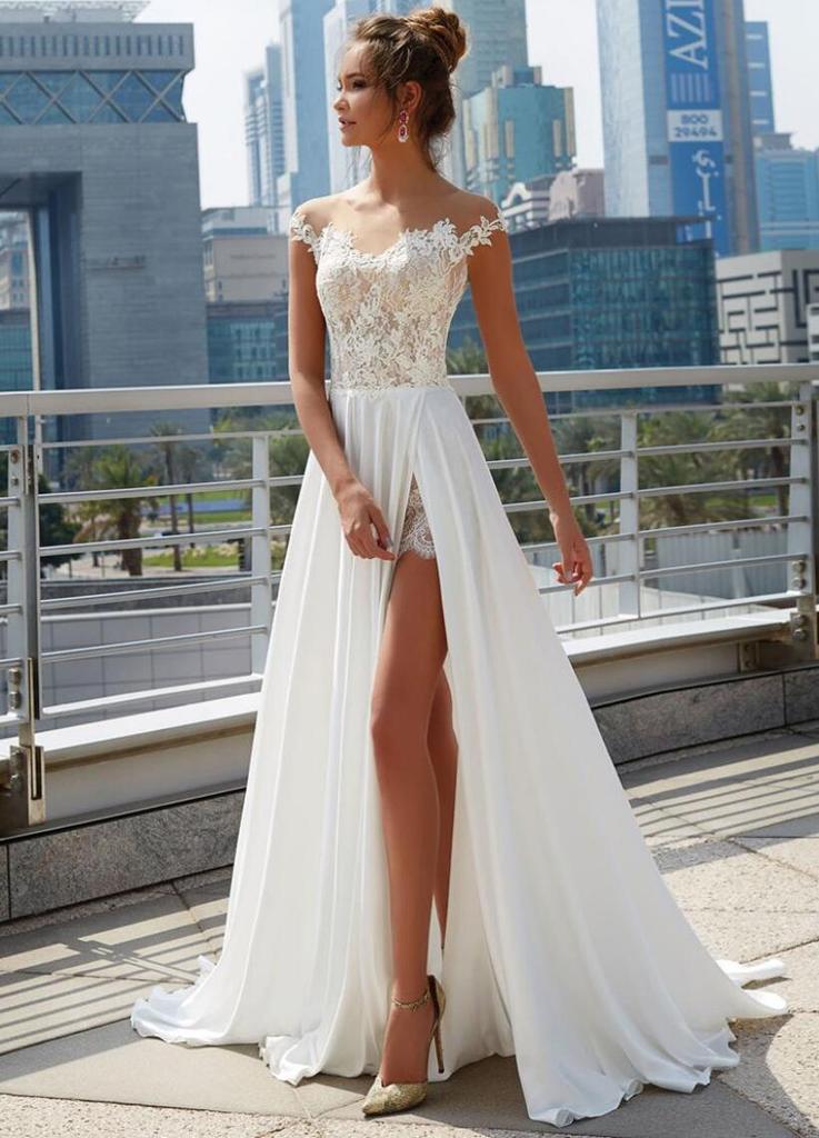 Off Shoulder See Through Cheap Wedding Dresses Online, Side Slit A-line Bridal Dresses, QB0383