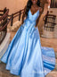 A-Line Sky Blue Satin Spaghetti Straps Prom Dresses With Pocket, QB0714