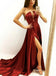 Sexy Burgundy Satin Strapless Appliques Prom Dresses With Side Split, QB0713