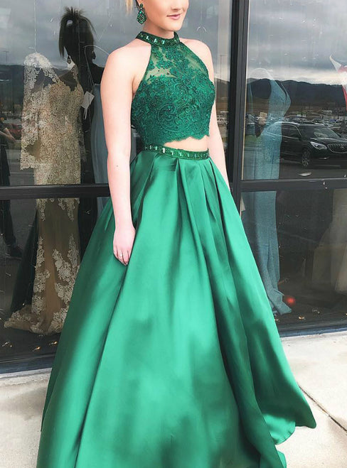 A-Line Green Satin Two Piece Halter Long Prom Dresses, QB0719