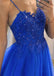 Blue A-line Lace Applique Spaghetti Straps Maxi Long Prom Dresses Online,WGP275