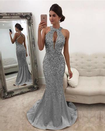 Long Champagne Satin Halter Prom Dresses Mermaid Crystal Beaded, QB0541