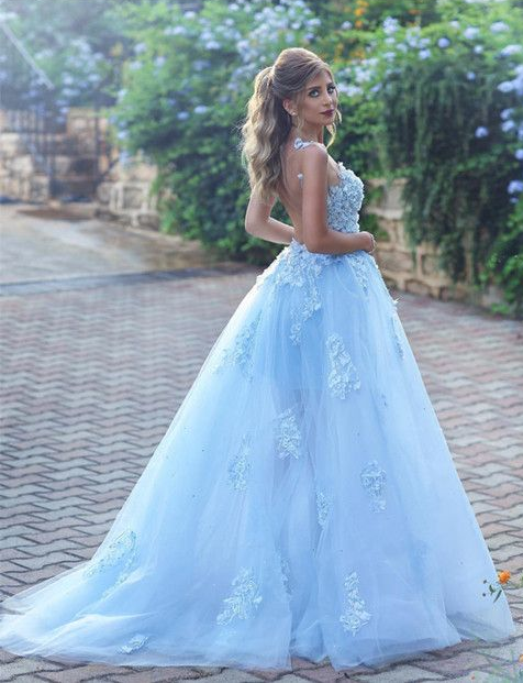 Baby Blue Illusion Neck Long Cheap Tulle Prom Dresses With Applique, QB0668